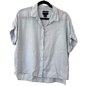 Rachel Roy Linen Boxy Lt Blue Polka Dot Short Sleeve Blouse Button Down Women-M